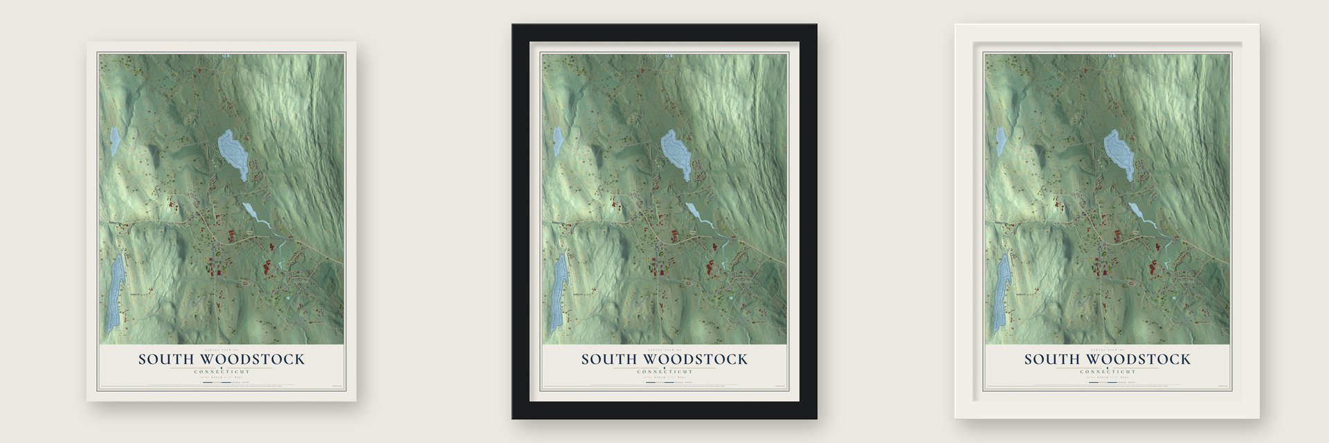South Woodstock, Connecticut map unframed, in a black wood frame and in a white wood frame