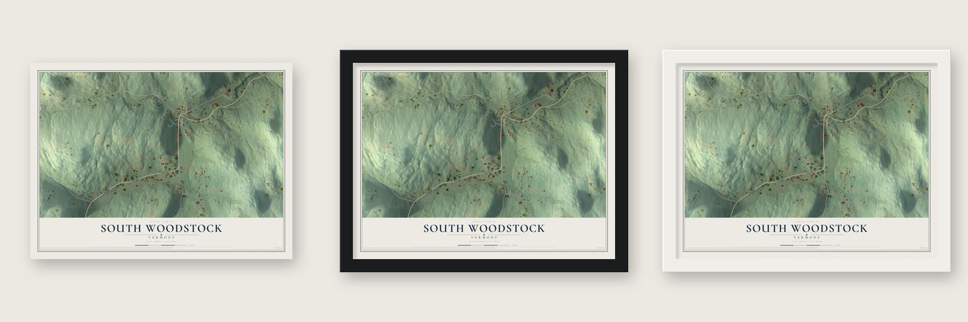 South Woodstock, Vermont map unframed, in a black wood frame and in a white wood frame