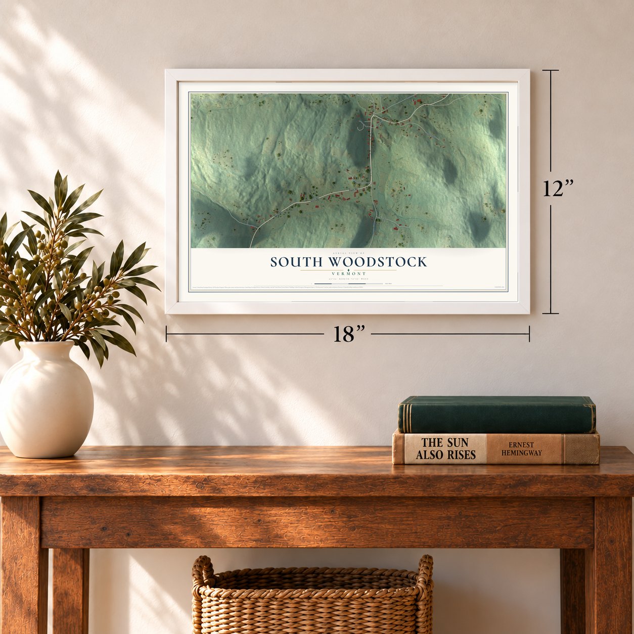 South Woodstock, Vermont map, 12 x 18 inch print in a white frame in an entryway