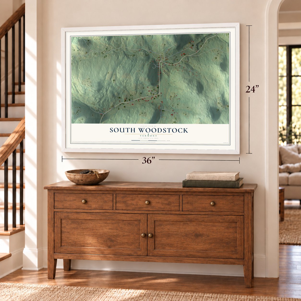 South Woodstock, Vermont map, 24 x 36 inch print in a white frame above a dresser by a staircase