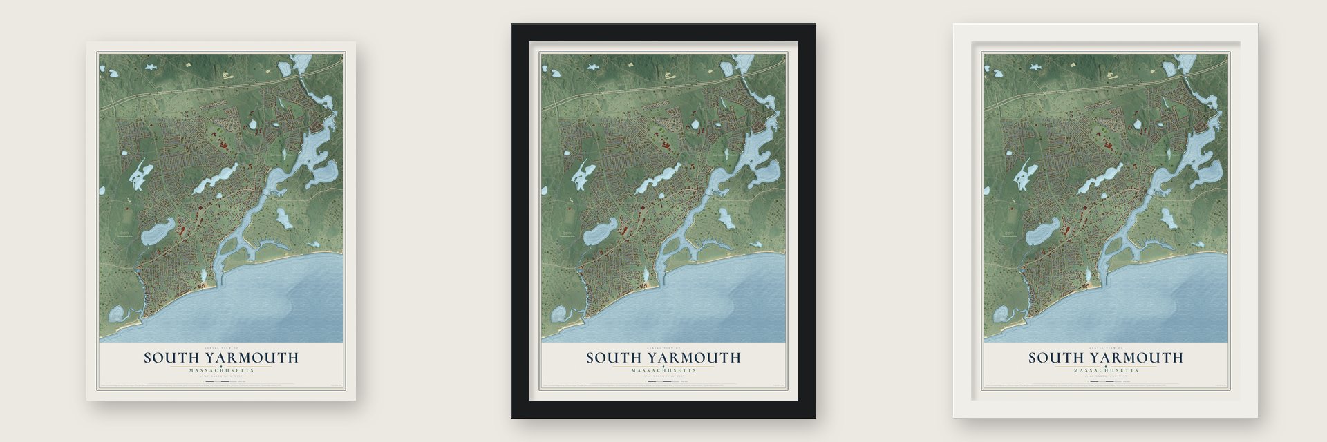 South Yarmouth, Massachusetts map unframed, in a black wood frame and in a white wood frame