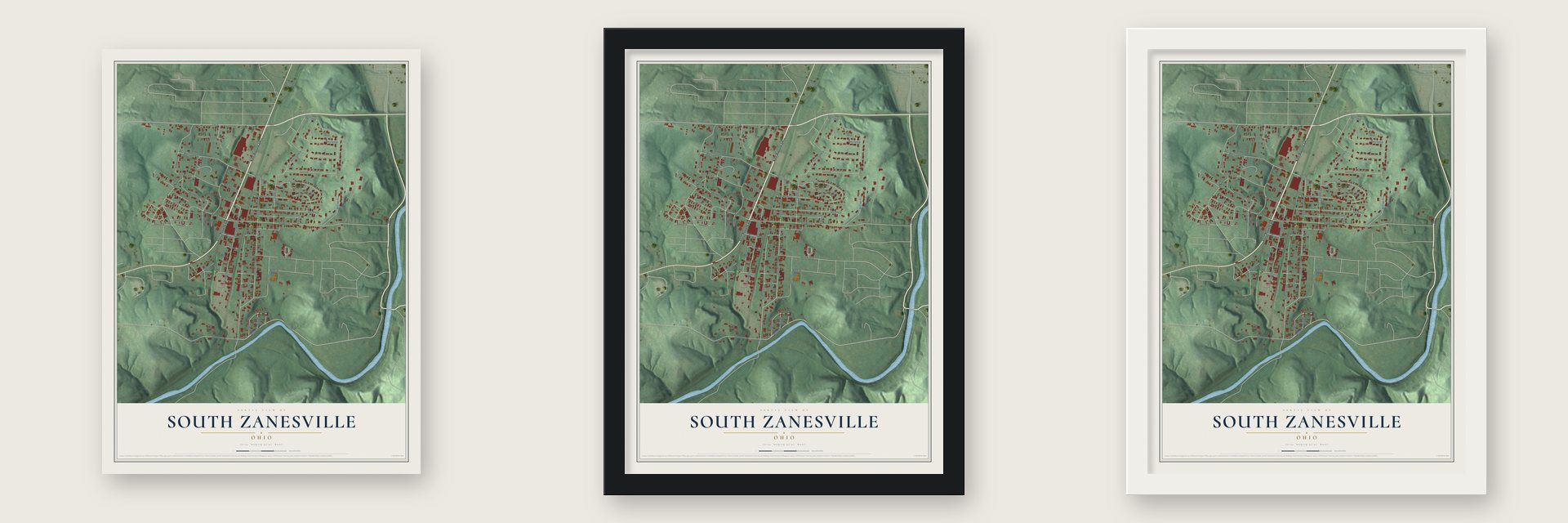 South Zanesville, Ohio map unframed, in a black wood frame and in a white wood frame