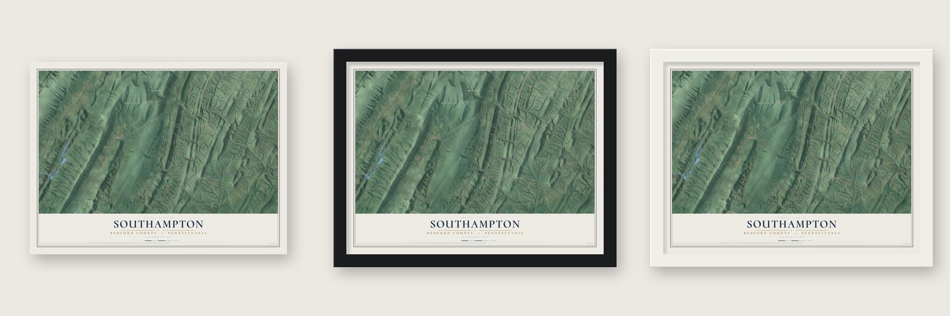 Southampton, Bedford County, Pennsylvania map unframed, in a black wood frame and in a white wood frame