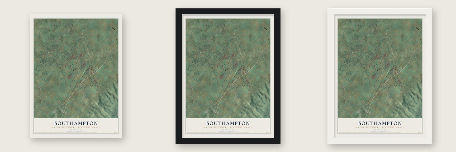 Southampton, Franklin County, Pennsylvania map unframed, in a black wood frame and in a white wood frame