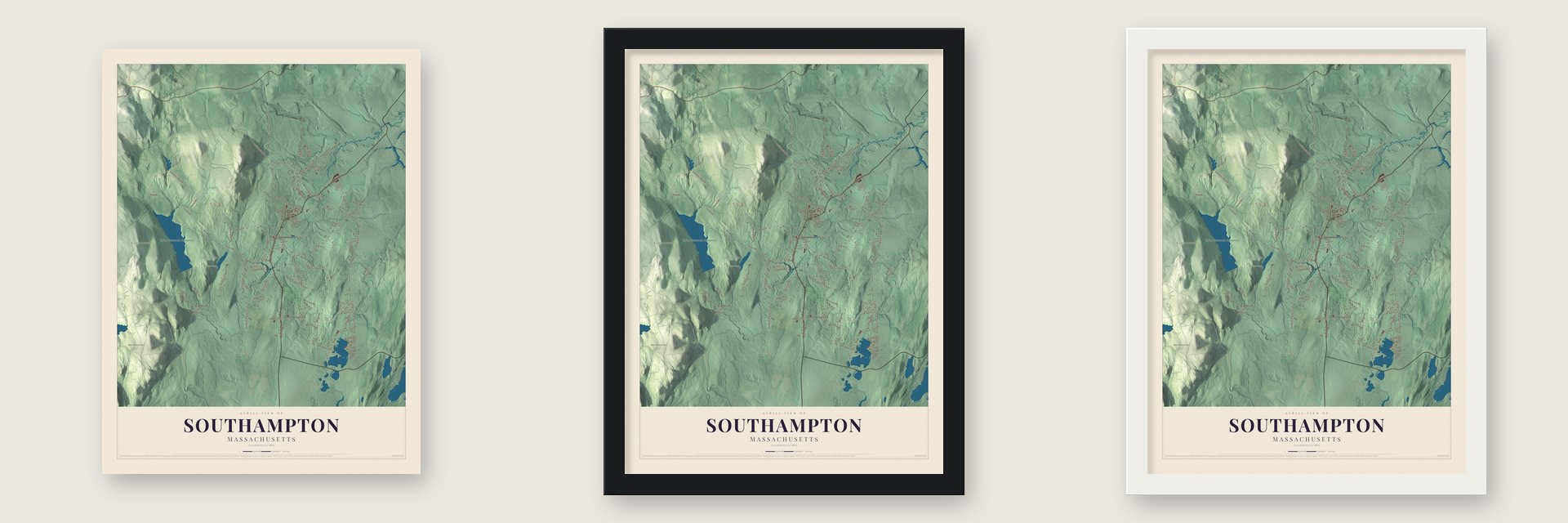 Southampton, Massachusetts map unframed, in a black wood frame and in a white wood frame