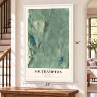 Southampton, Massachusetts map, 24 x 36 inch print in a white frame by a staircase