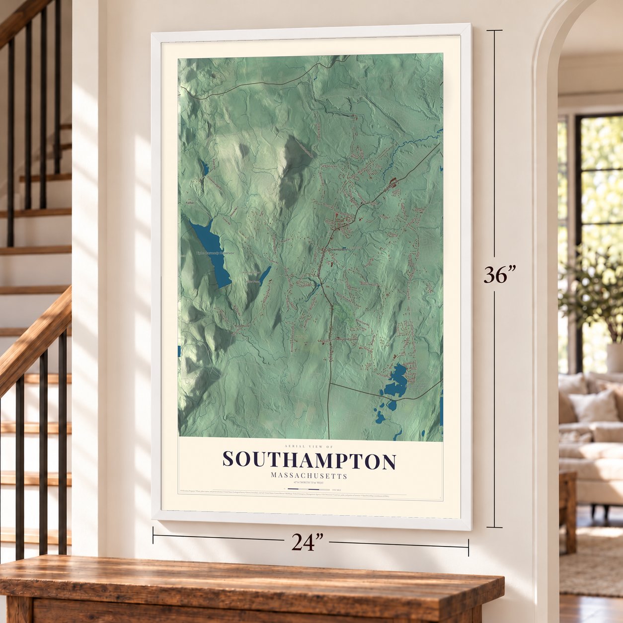 Southampton, Massachusetts map, 24 x 36 inch print in a white frame by a staircase