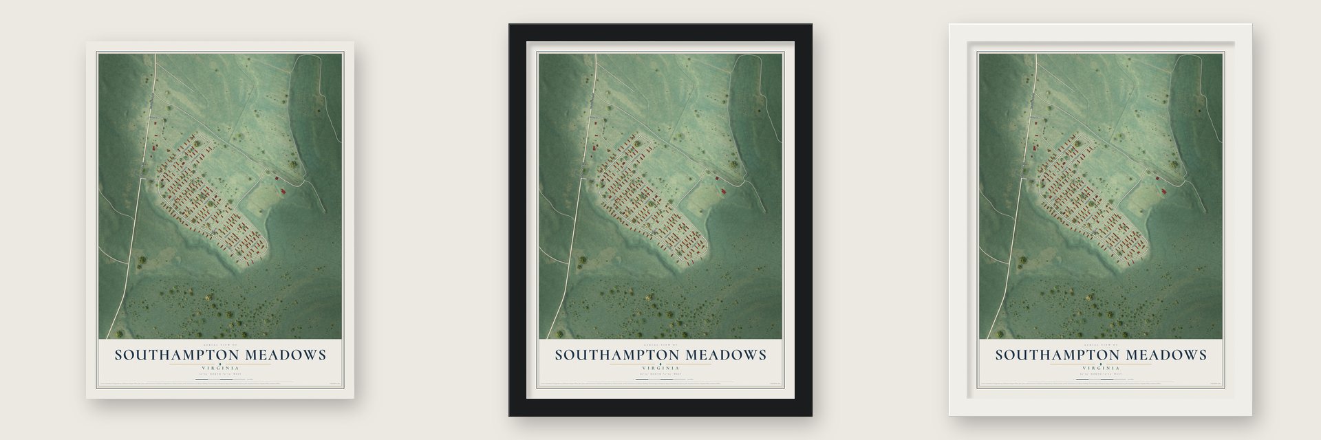 Southampton Meadows, Virginia map unframed, in a black wood frame and in a white wood frame