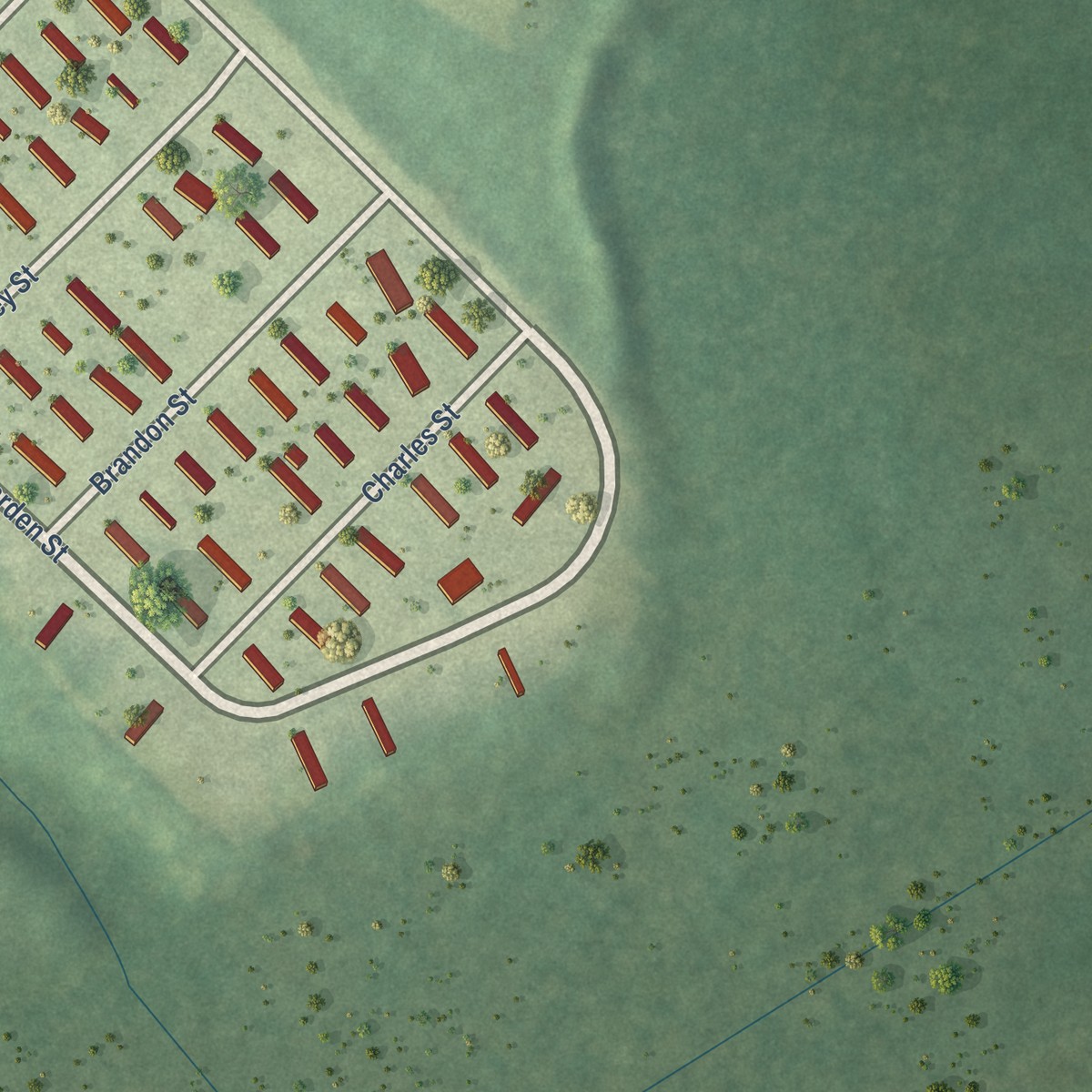 Second close-up of the map of Southampton Meadows, Virginia print showing more streets and buildings