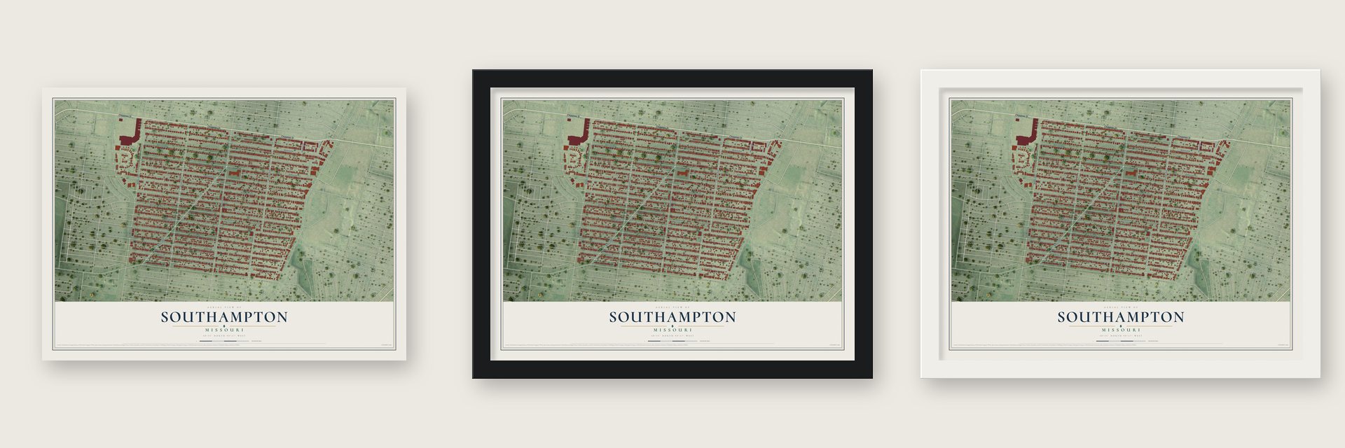 Southampton, Missouri map unframed, in a black wood frame and in a white wood frame