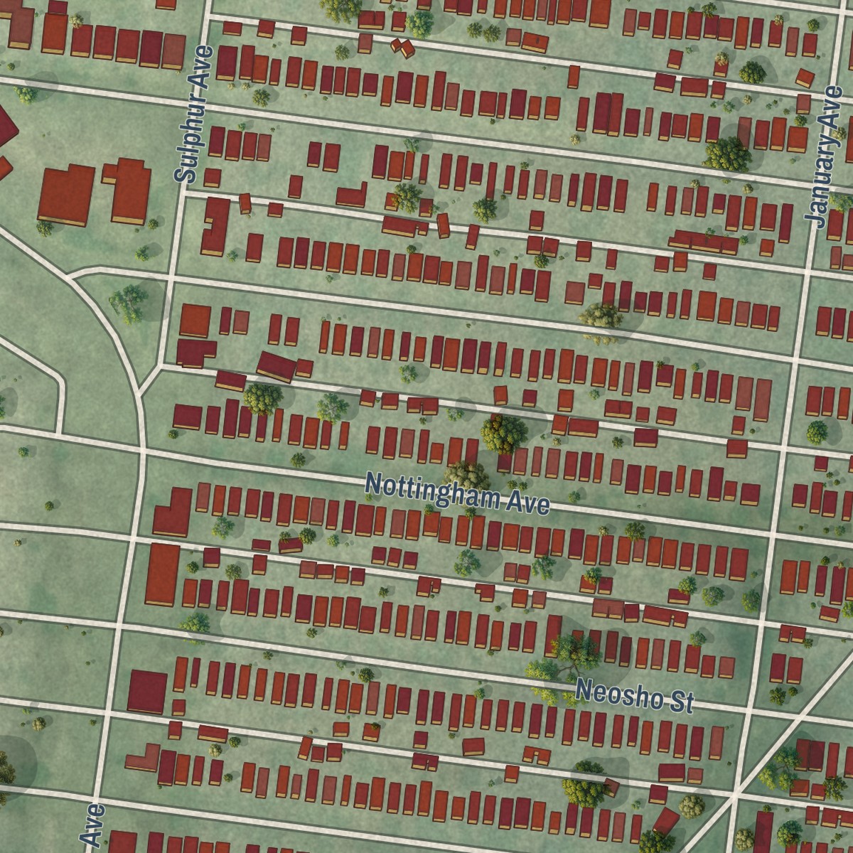 Second close-up of the map of Southampton, Missouri print showing more streets and buildings