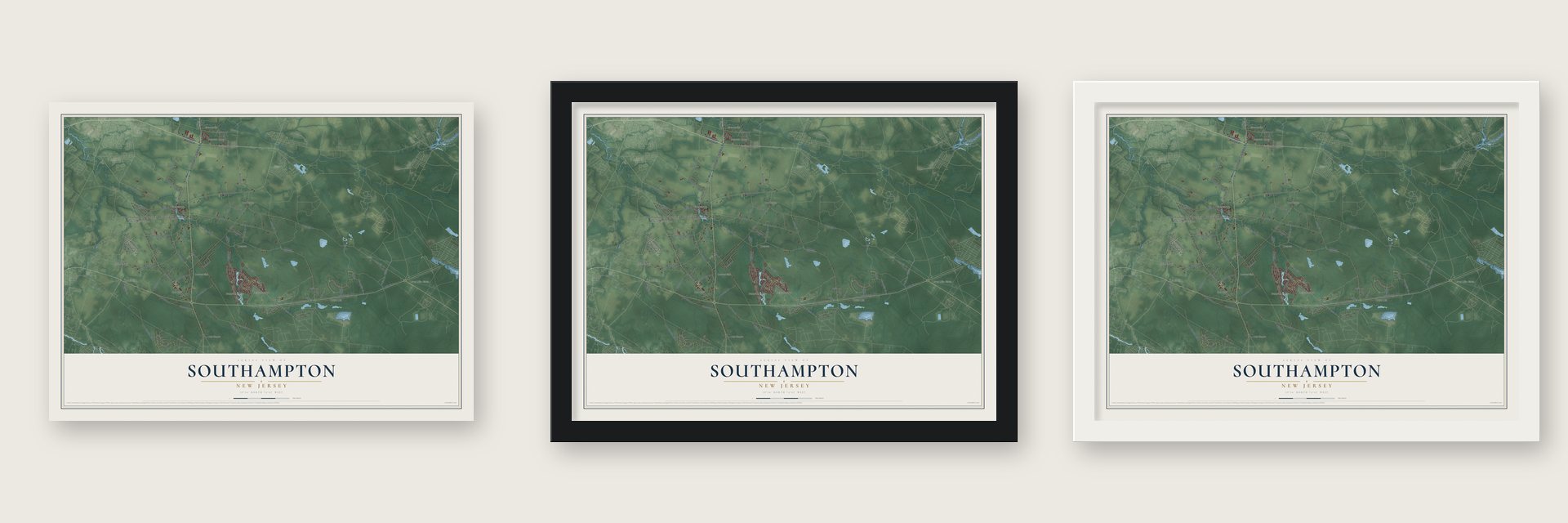 Southampton, New Jersey map unframed, in a black wood frame and in a white wood frame
