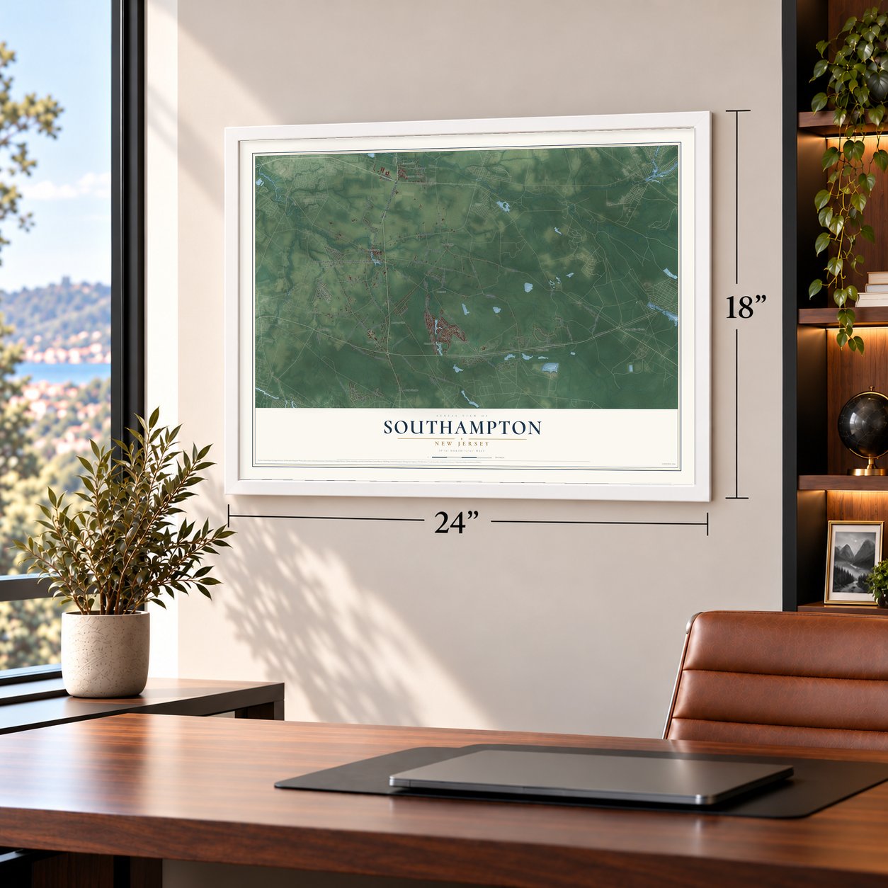 Southampton, New Jersey map, 18 x 24 inch print in a white frame in a home office
