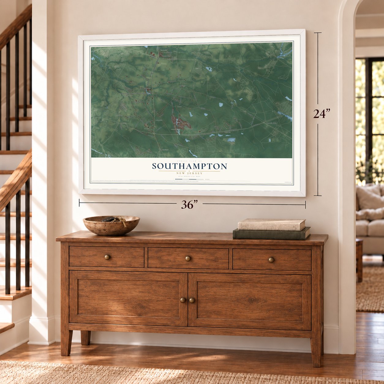 Southampton, New Jersey map, 24 x 36 inch print in a white frame above a dresser by a staircase