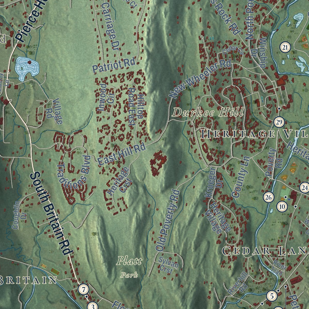 Second close-up of the map of Southbury, Connecticut print showing more streets and buildings