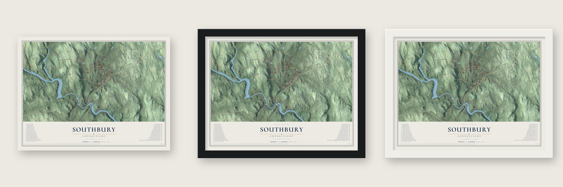 Southbury, Connecticut map unframed, in a black wood frame and in a white wood frame