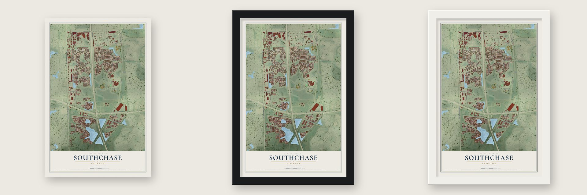 Southchase, Florida map unframed, in a black wood frame and in a white wood frame