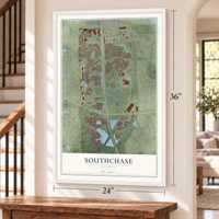 Southchase, Florida map, 24 x 36 inch print in a white frame by a staircase