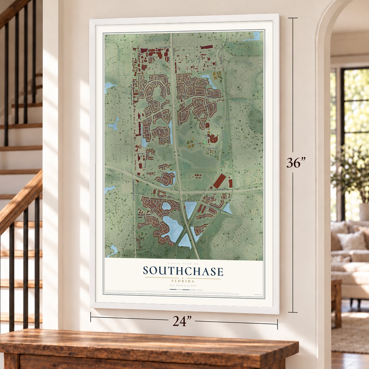 Southchase, Florida map, 24 x 36 inch print in a white frame by a staircase