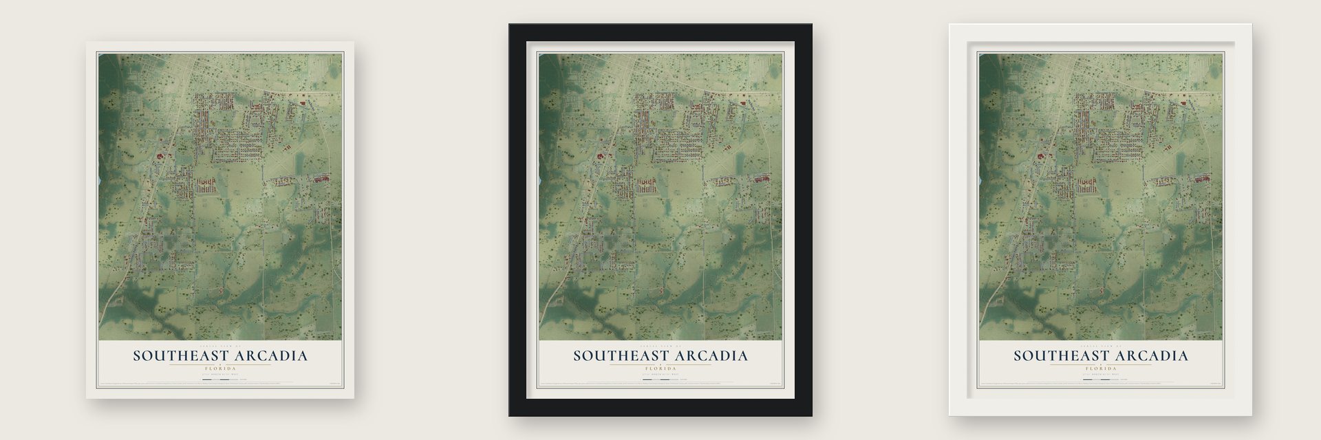 Southeast Arcadia, Florida map unframed, in a black wood frame and in a white wood frame