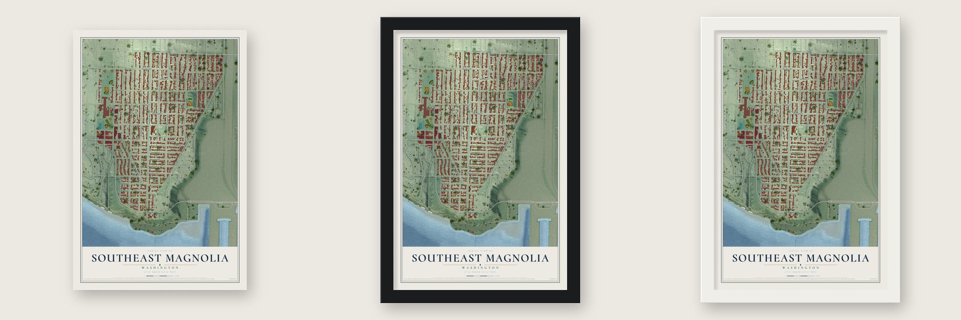 Southeast Magnolia, Washington map unframed, in a black wood frame and in a white wood frame