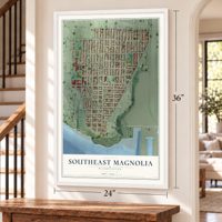 Southeast Magnolia, Washington map, 24 x 36 inch print in a white frame by a staircase