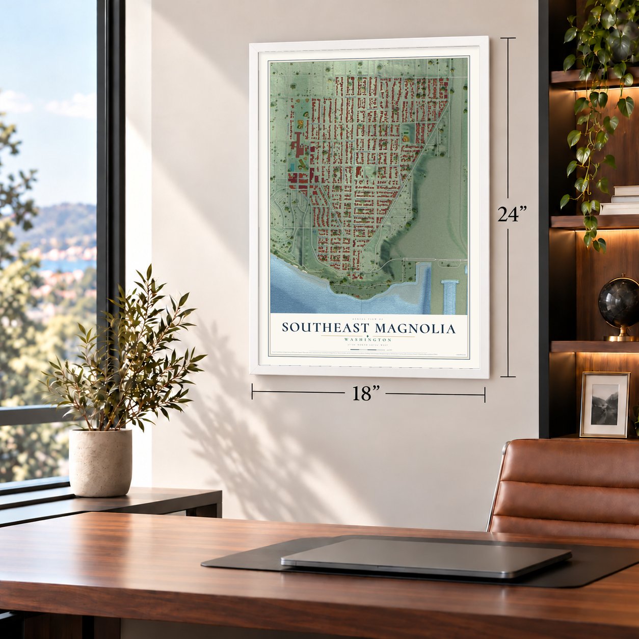 Southeast Magnolia, Washington map, 18 x 24 inch print in a white frame in a home office