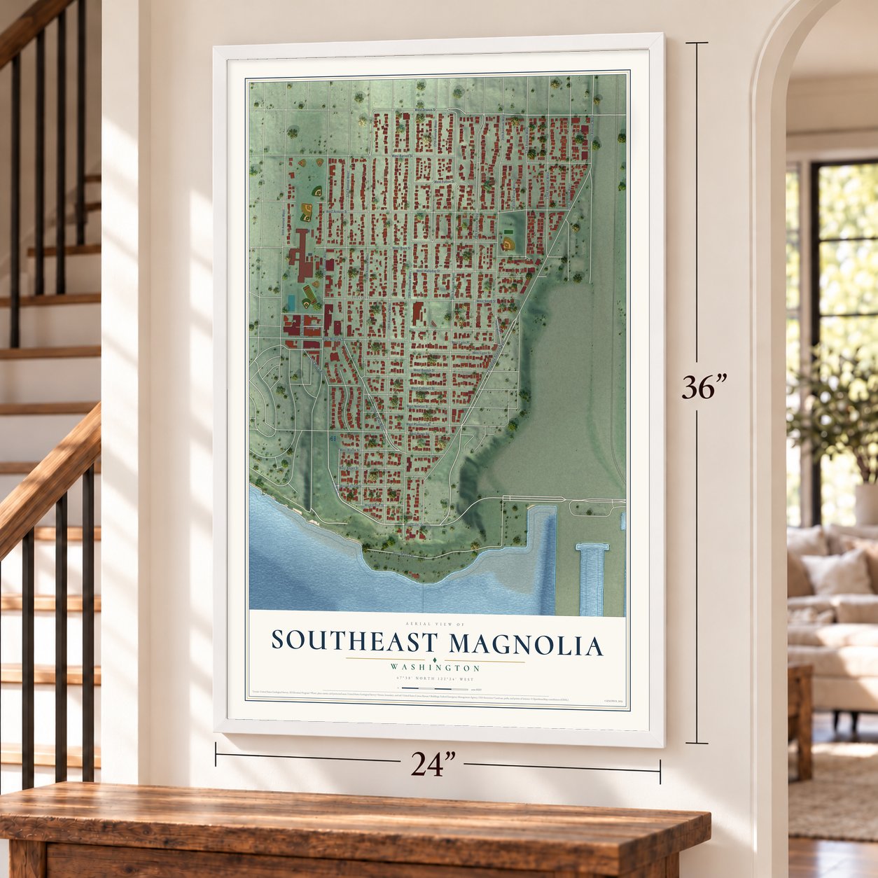 Southeast Magnolia, Washington map, 24 x 36 inch print in a white frame by a staircase