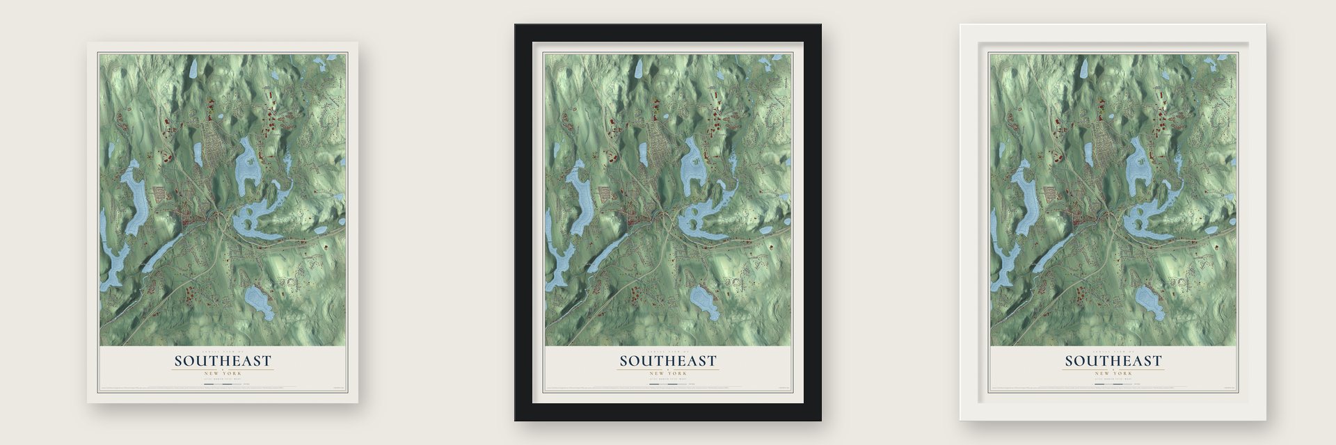 Southeast, New York map unframed, in a black wood frame and in a white wood frame