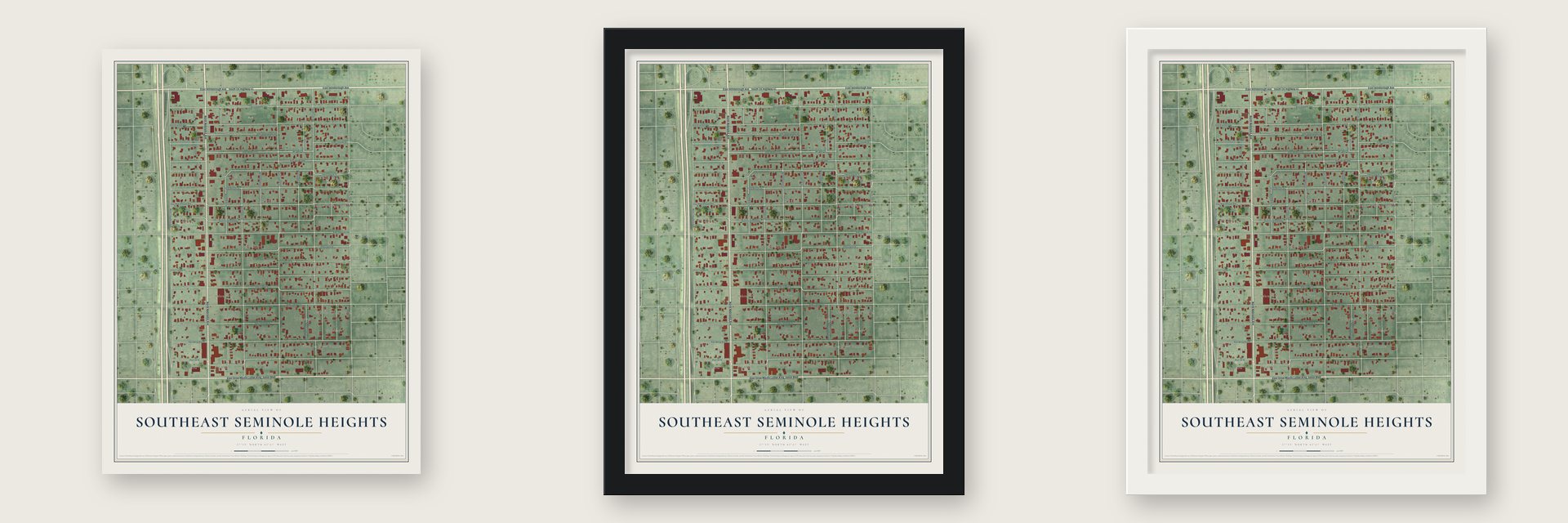 Southeast Seminole Heights, Florida map unframed, in a black wood frame and in a white wood frame