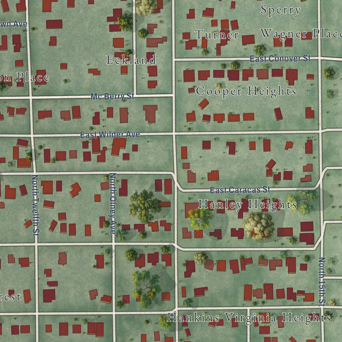 Second close-up of the map of Southeast Seminole Heights, Florida print showing more streets and buildings