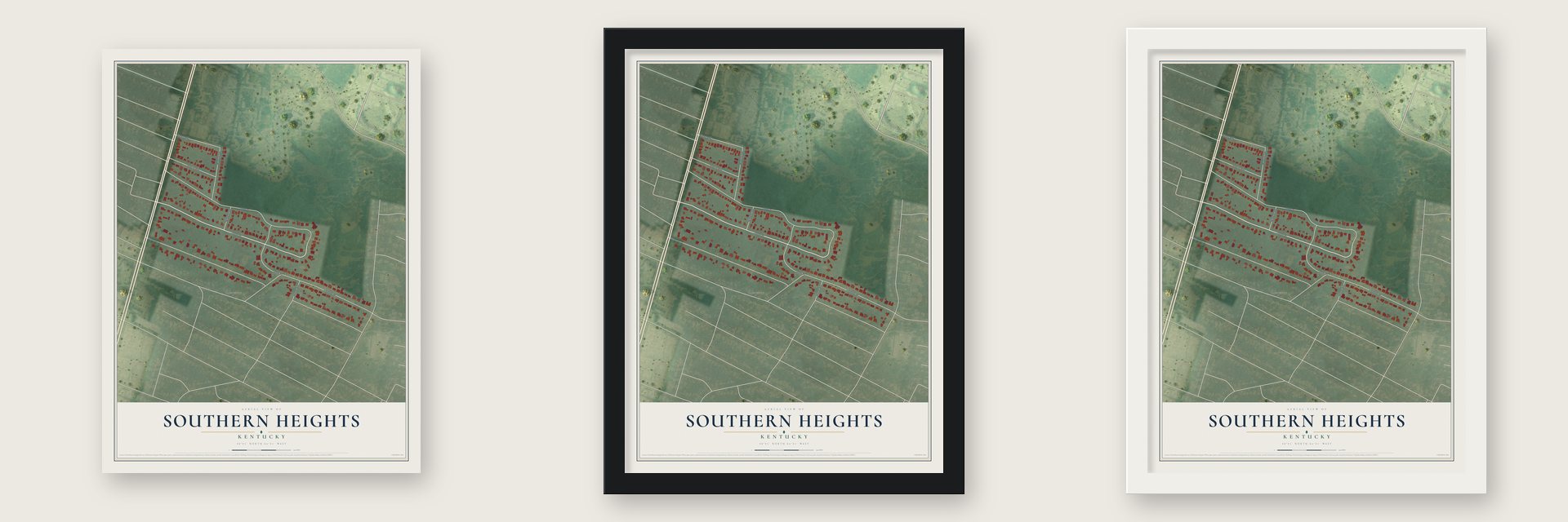 Southern Heights, Kentucky map unframed, in a black wood frame and in a white wood frame