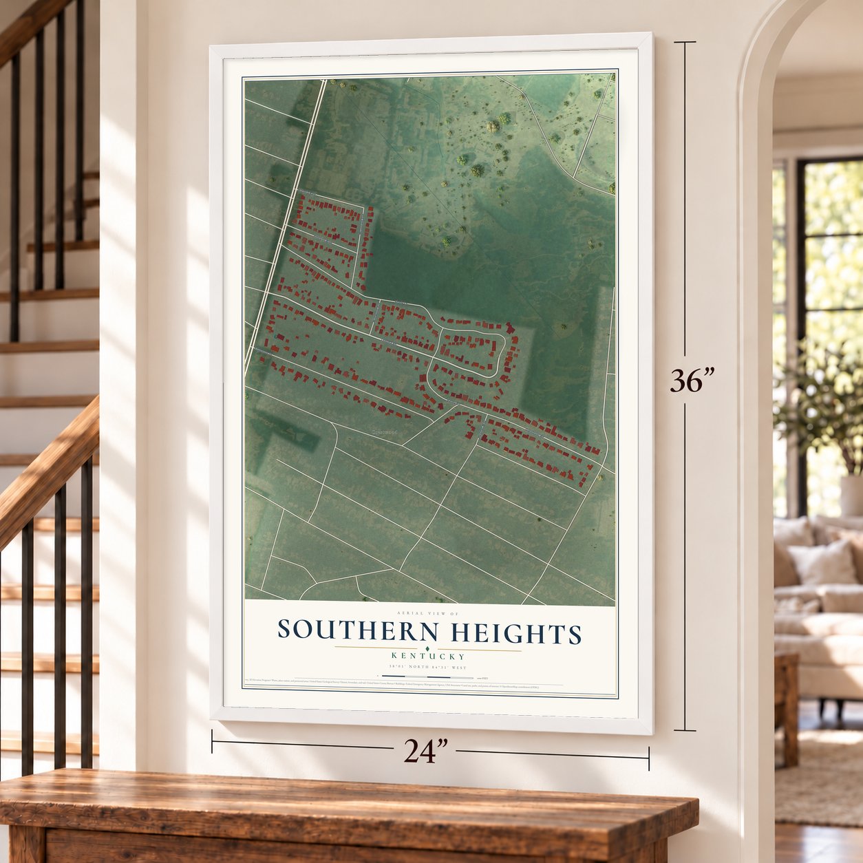 Southern Heights, Kentucky map, 24 x 36 inch print in a white frame by a staircase