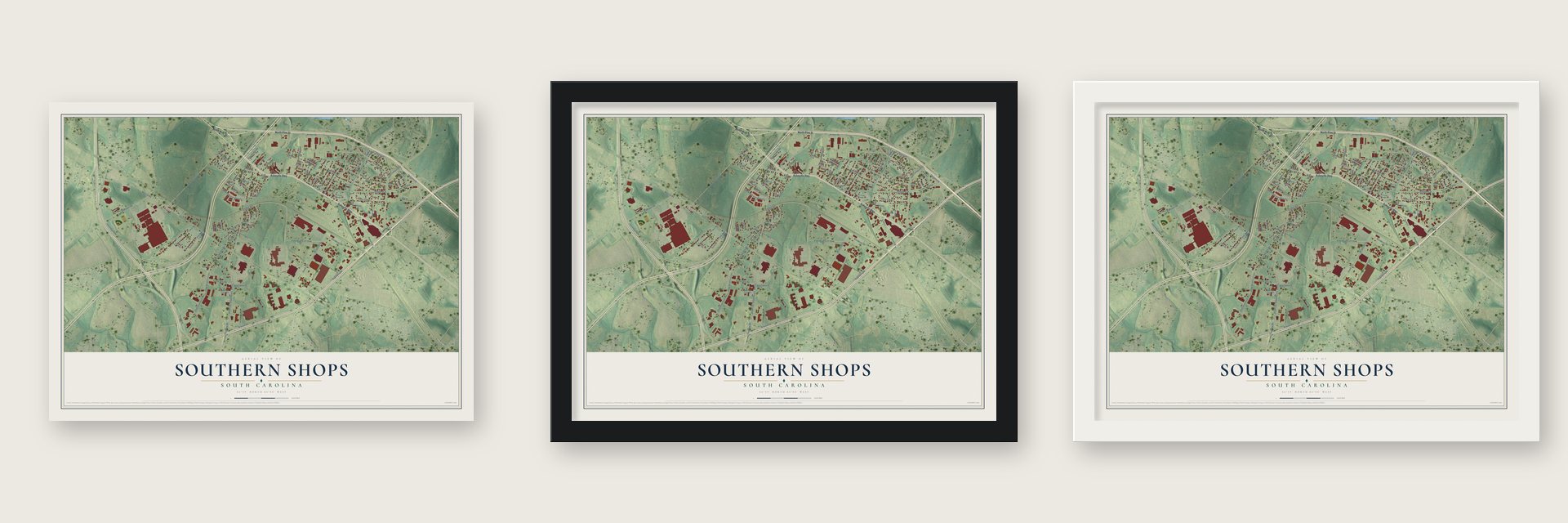 Southern Shops, South Carolina map unframed, in a black wood frame and in a white wood frame