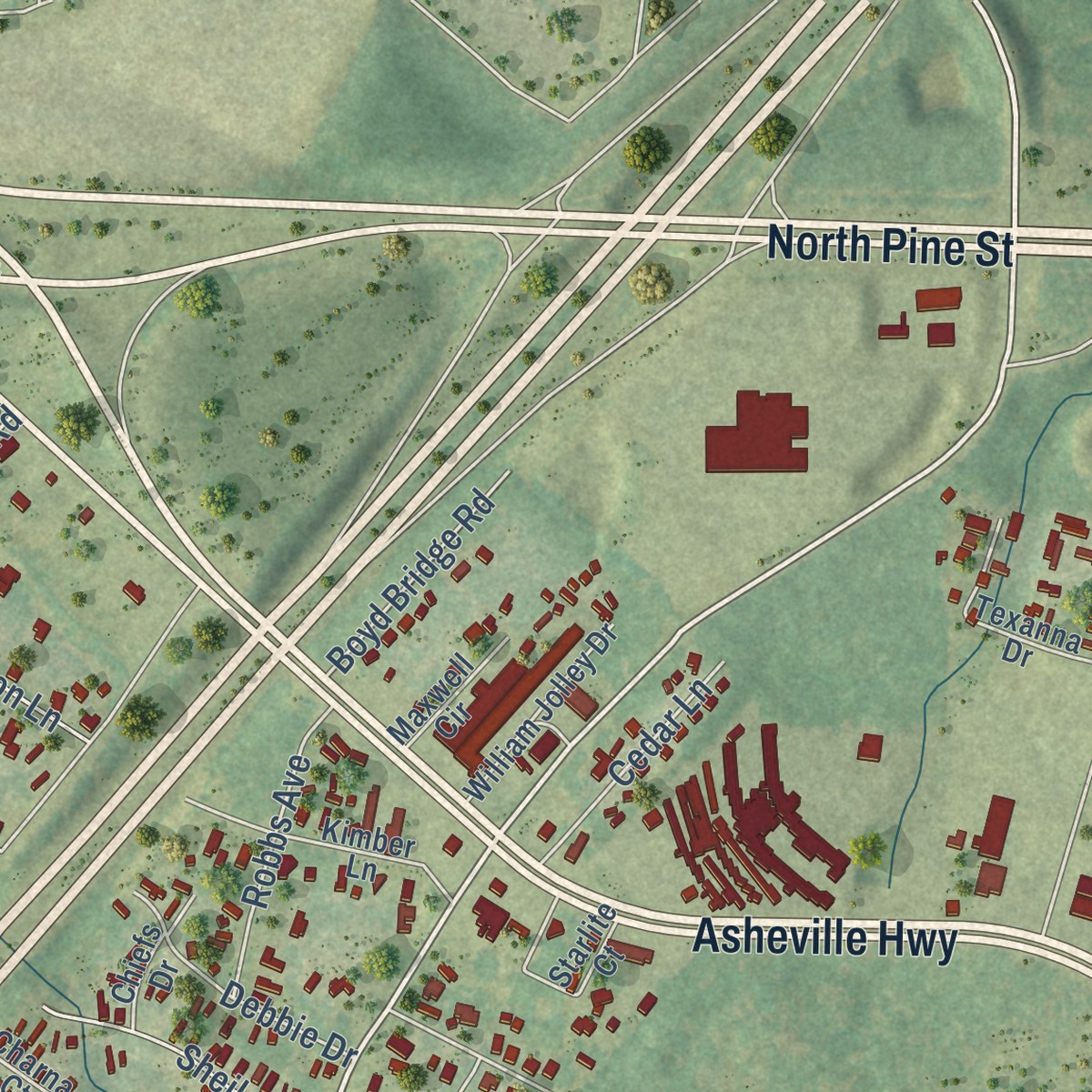 Second close-up of the map of Southern Shops, South Carolina print showing more streets and buildings