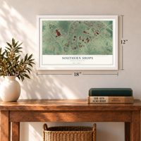 Southern Shops, South Carolina map, 12 x 18 inch print in a white frame in an entryway