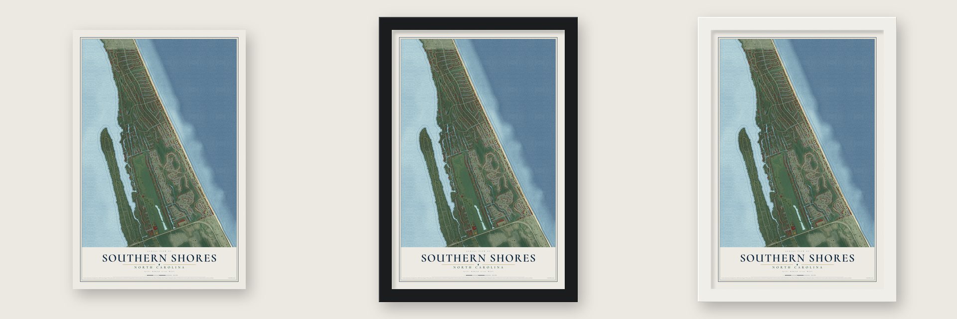 Southern Shores, North Carolina map unframed, in a black wood frame and in a white wood frame