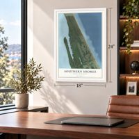 Southern Shores, North Carolina map, 18 x 24 inch print in a white frame in a home office