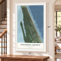 Southern Shores, North Carolina map, 24 x 36 inch print in a white frame by a staircase