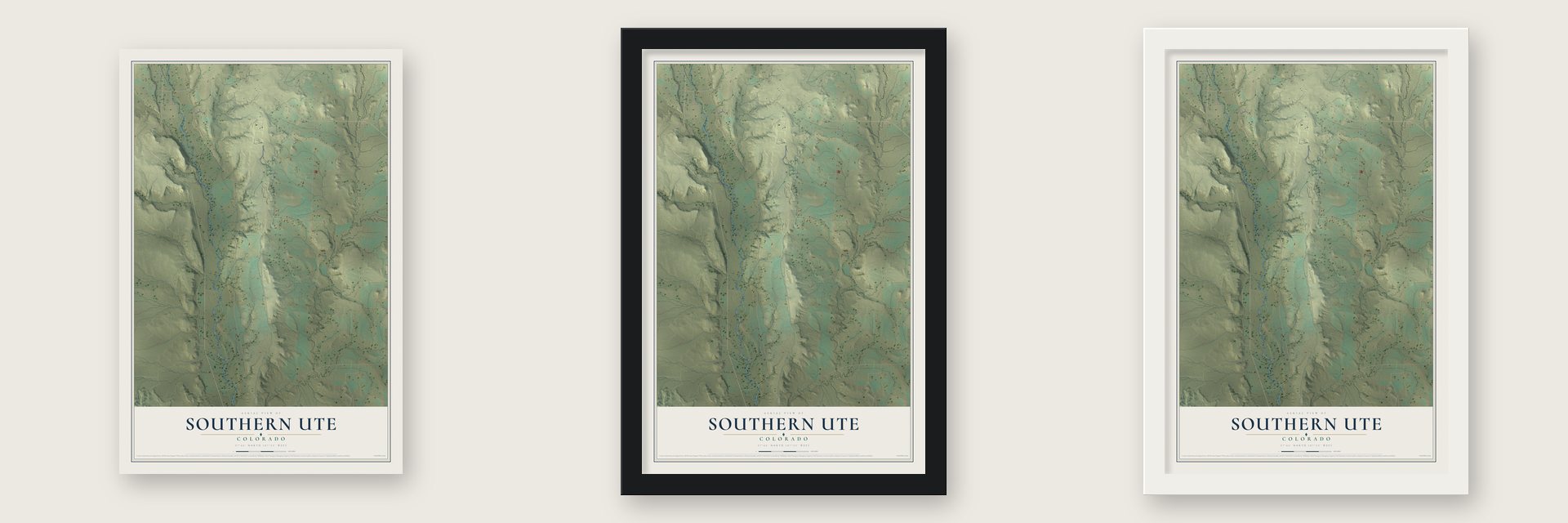 Southern Ute, Colorado map unframed, in a black wood frame and in a white wood frame