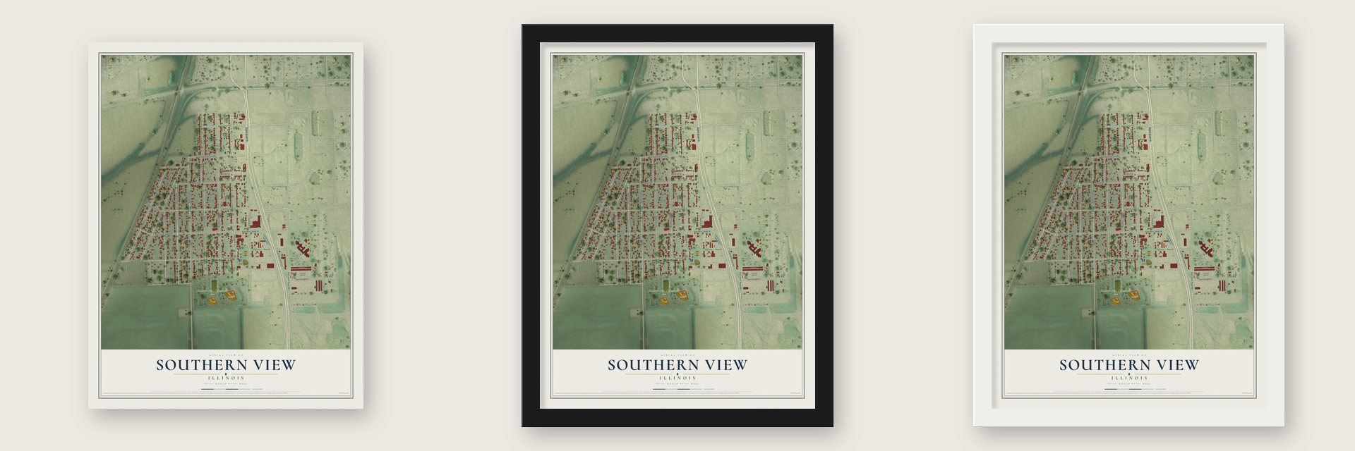Southern View, Illinois map unframed, in a black wood frame and in a white wood frame