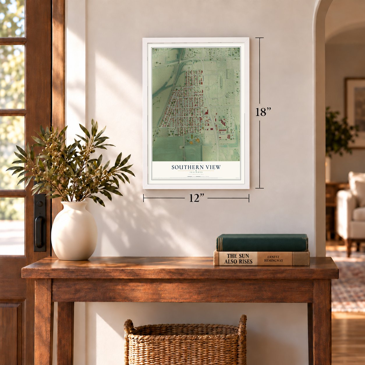 Southern View, Illinois map, 12 x 18 inch print in a white frame in an entryway
