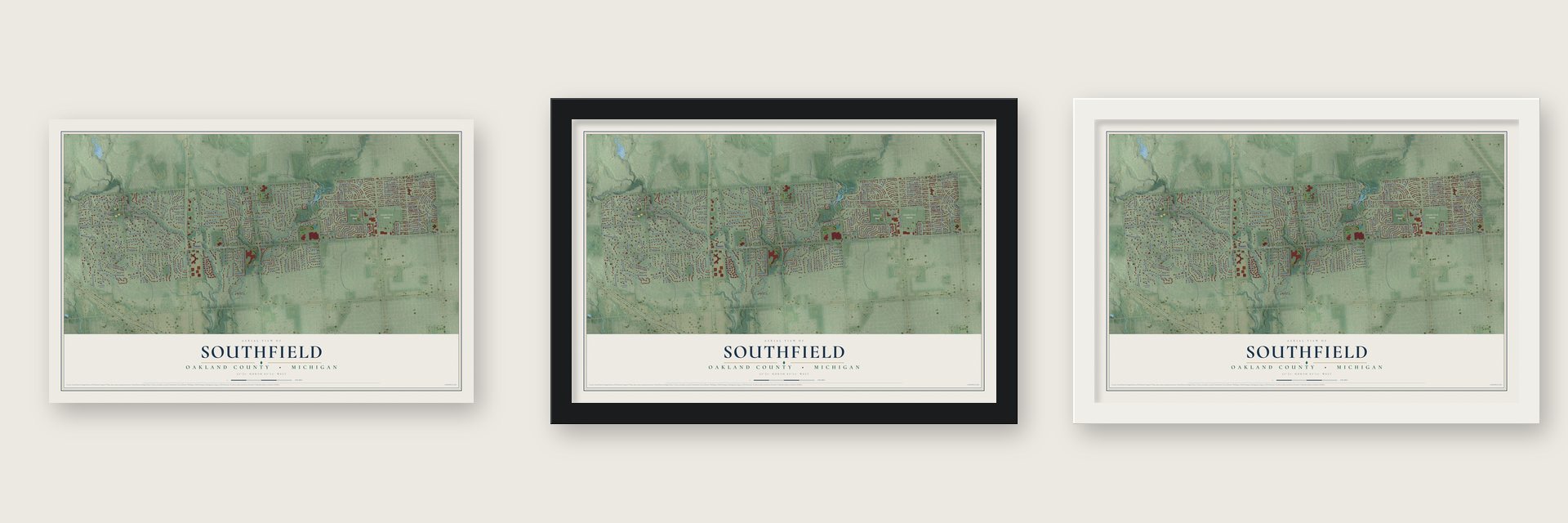 Southfield, Oakland County, Michigan map unframed, in a black wood frame and in a white wood frame