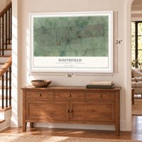 Southfield, Oakland County, Michigan map, 24 x 36 inch print in a white frame above a dresser by a staircase