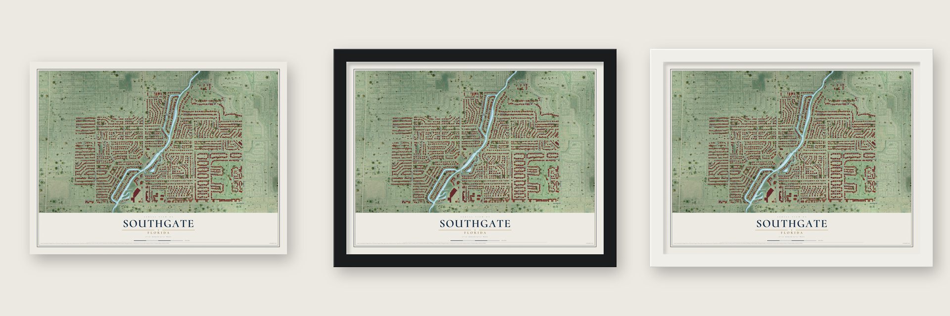 Southgate, Florida map unframed, in a black wood frame and in a white wood frame