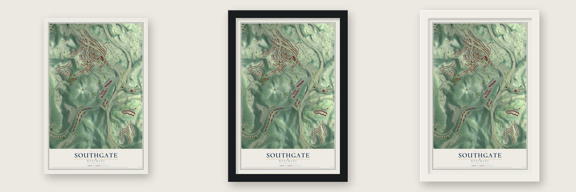 Southgate, Kentucky map unframed, in a black wood frame and in a white wood frame