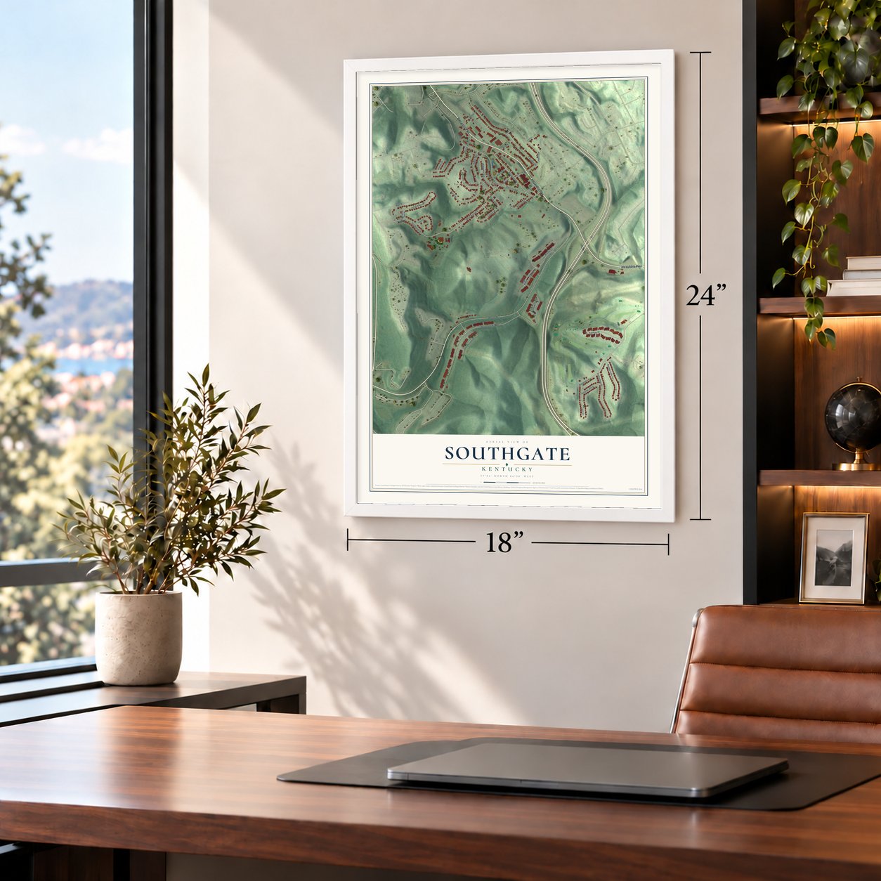 Southgate, Kentucky map, 18 x 24 inch print in a white frame in a home office