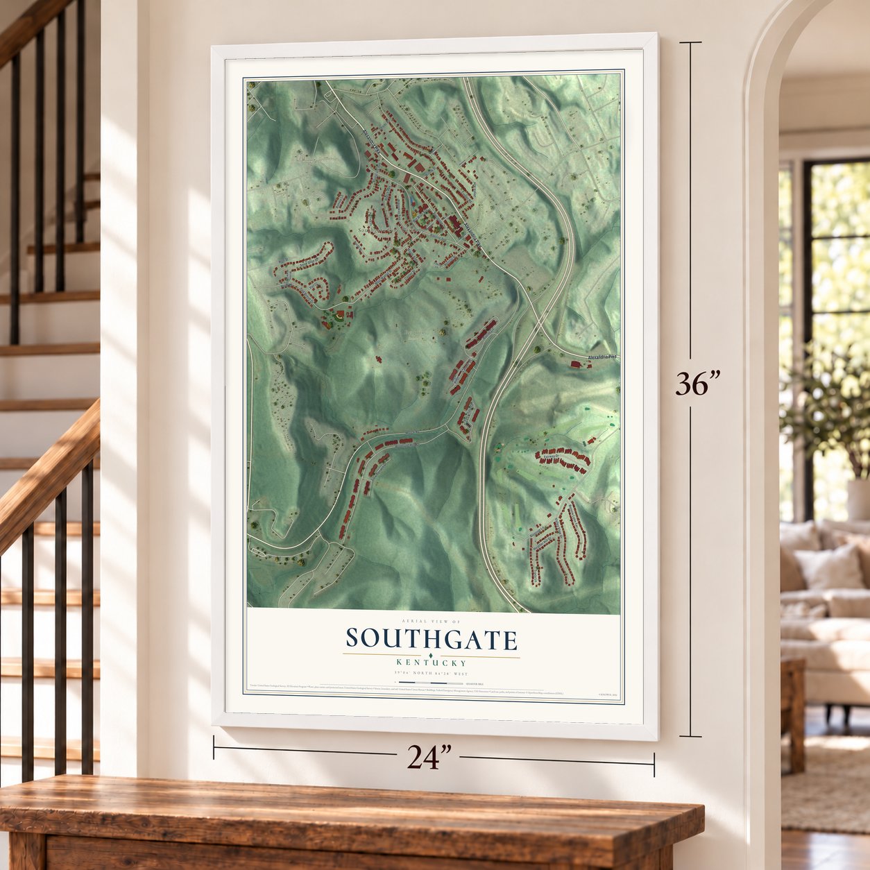 Southgate, Kentucky map, 24 x 36 inch print in a white frame by a staircase