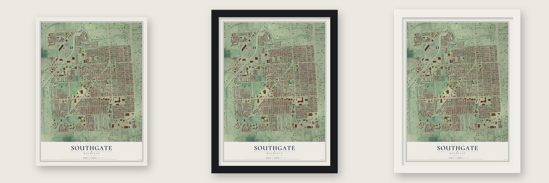 Southgate, Michigan map unframed, in a black wood frame and in a white wood frame