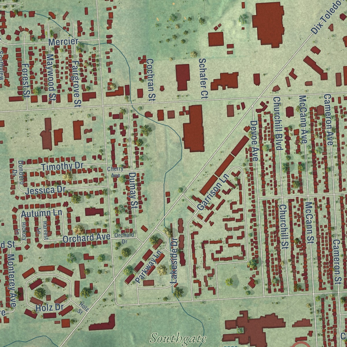 Second close-up of the map of Southgate, Michigan print showing more streets and buildings